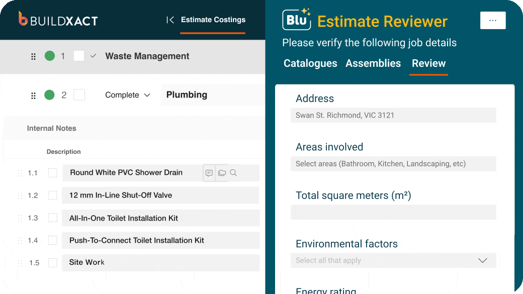 conceptual animation showing Buildxact's Blu: Estimate Reviewer feature